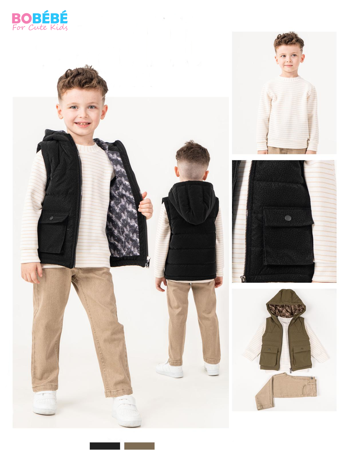 Ensemble garçon 3 pièces (Doudoune sans manches à capuche + Pull + Pantalon)