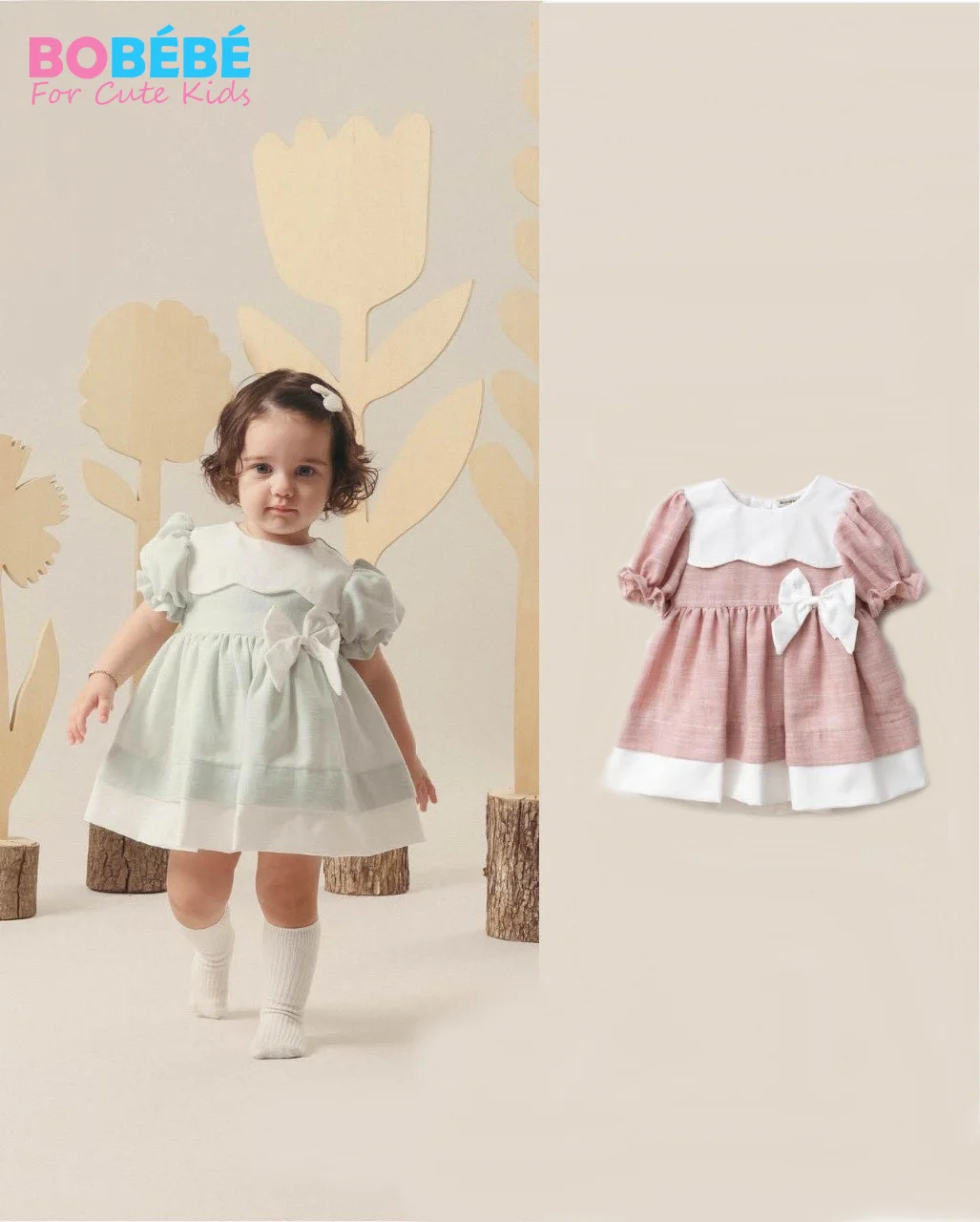 Robe Bébé Fille Élégante – Col blanc + Nœud + Manches bouffantes