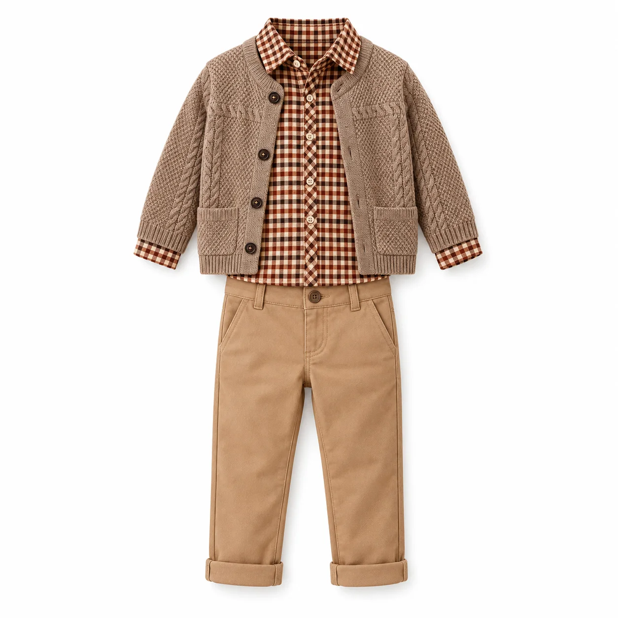 Ensemble Garçon 2 à 5 Ans 3 Pièces avec Gilet Marron, Chemise à Carreaux et Pantalon Beige 