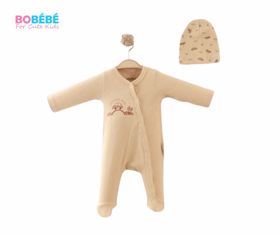 Grenouillère 0-3 Mois 100% Coton + bonnet assorti