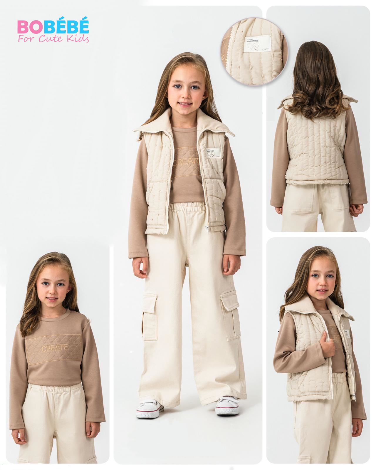 Ensemble fille 3 pièces (Gilet matelassé + Sweat + Pantalon cargo)