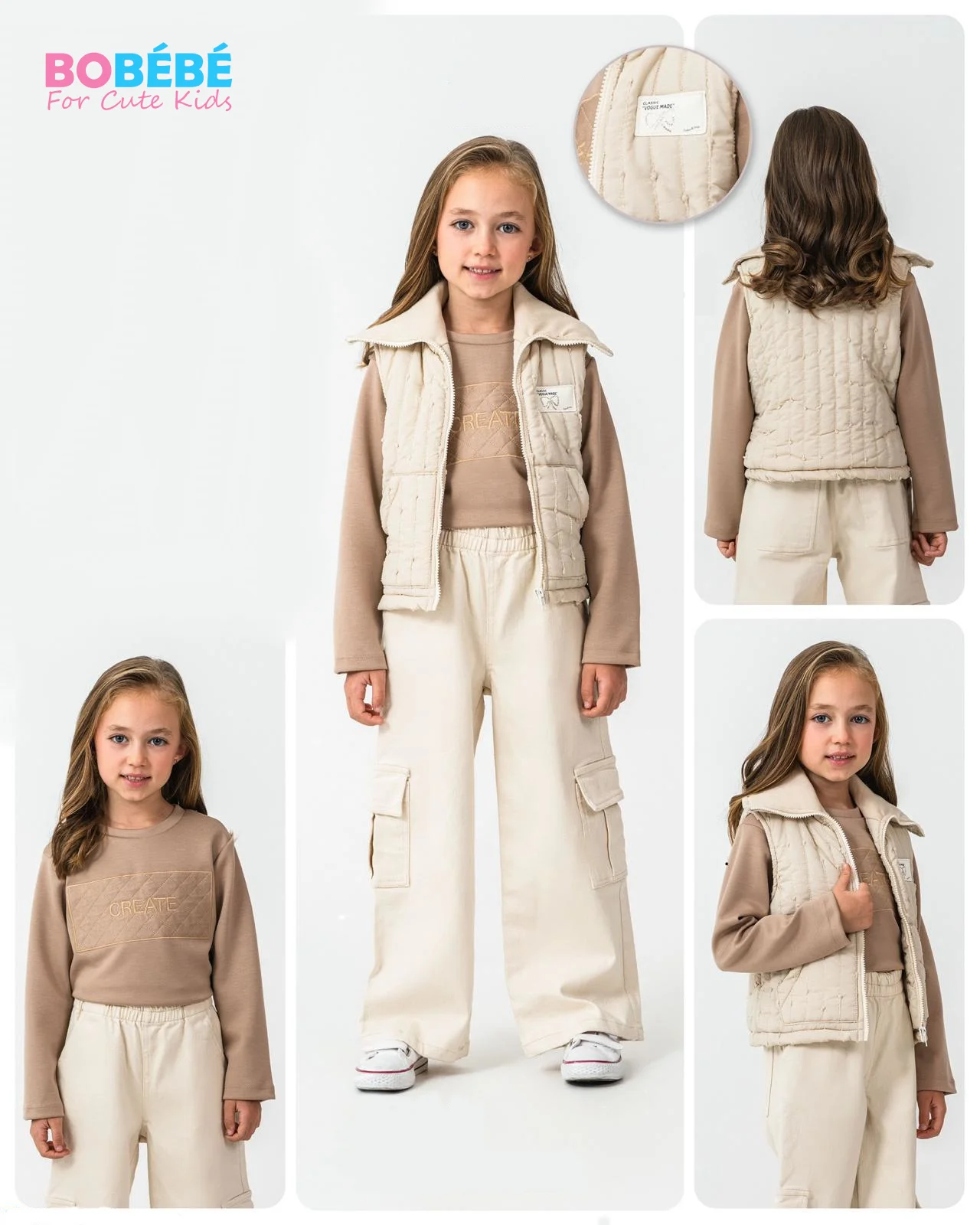 Ensemble fille 3 pièces (Gilet matelassé + Sweat + Pantalon cargo)