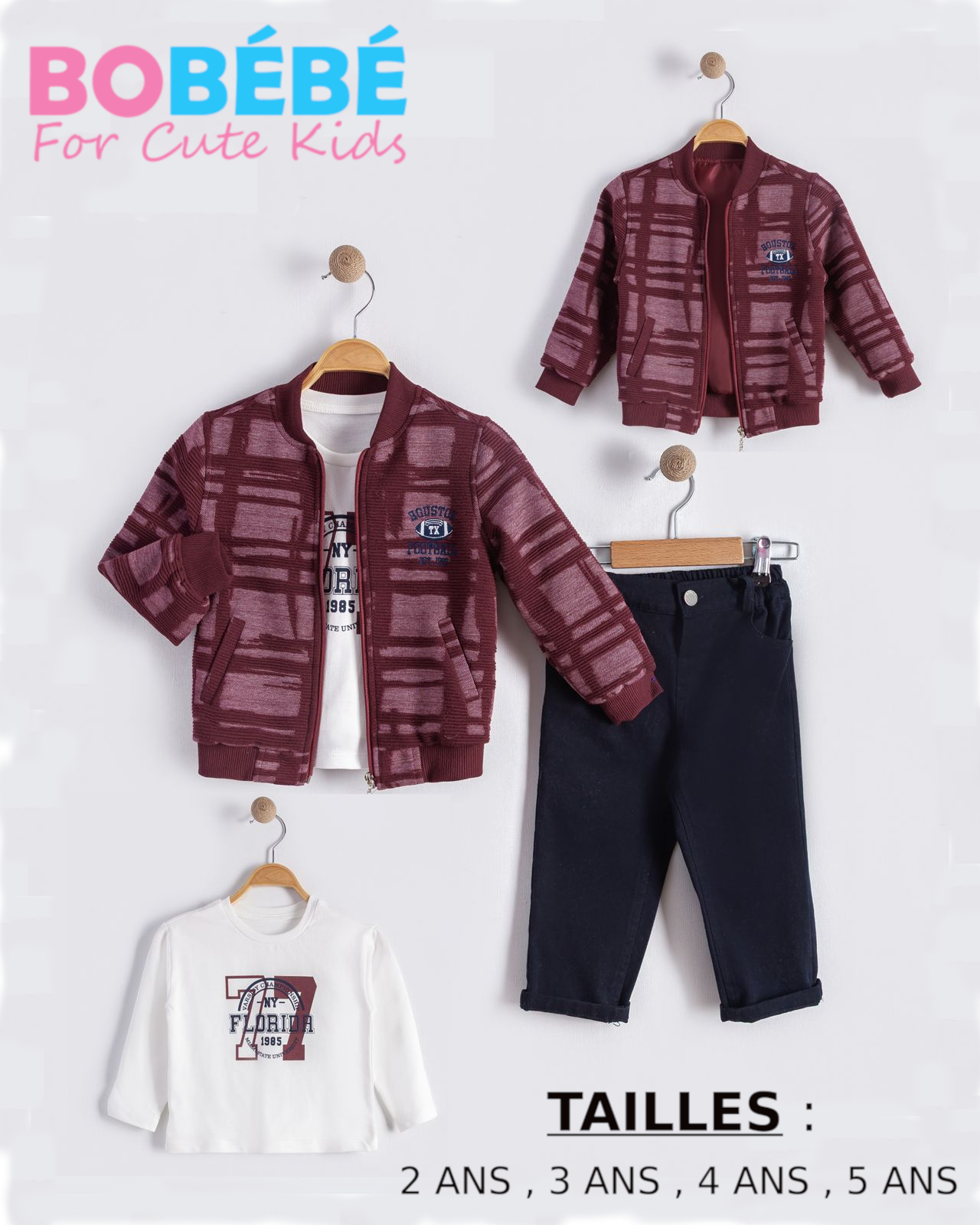 Ensemble Sport Chic Garçon – Veste Bordeaux, T-shirt et Pantalon