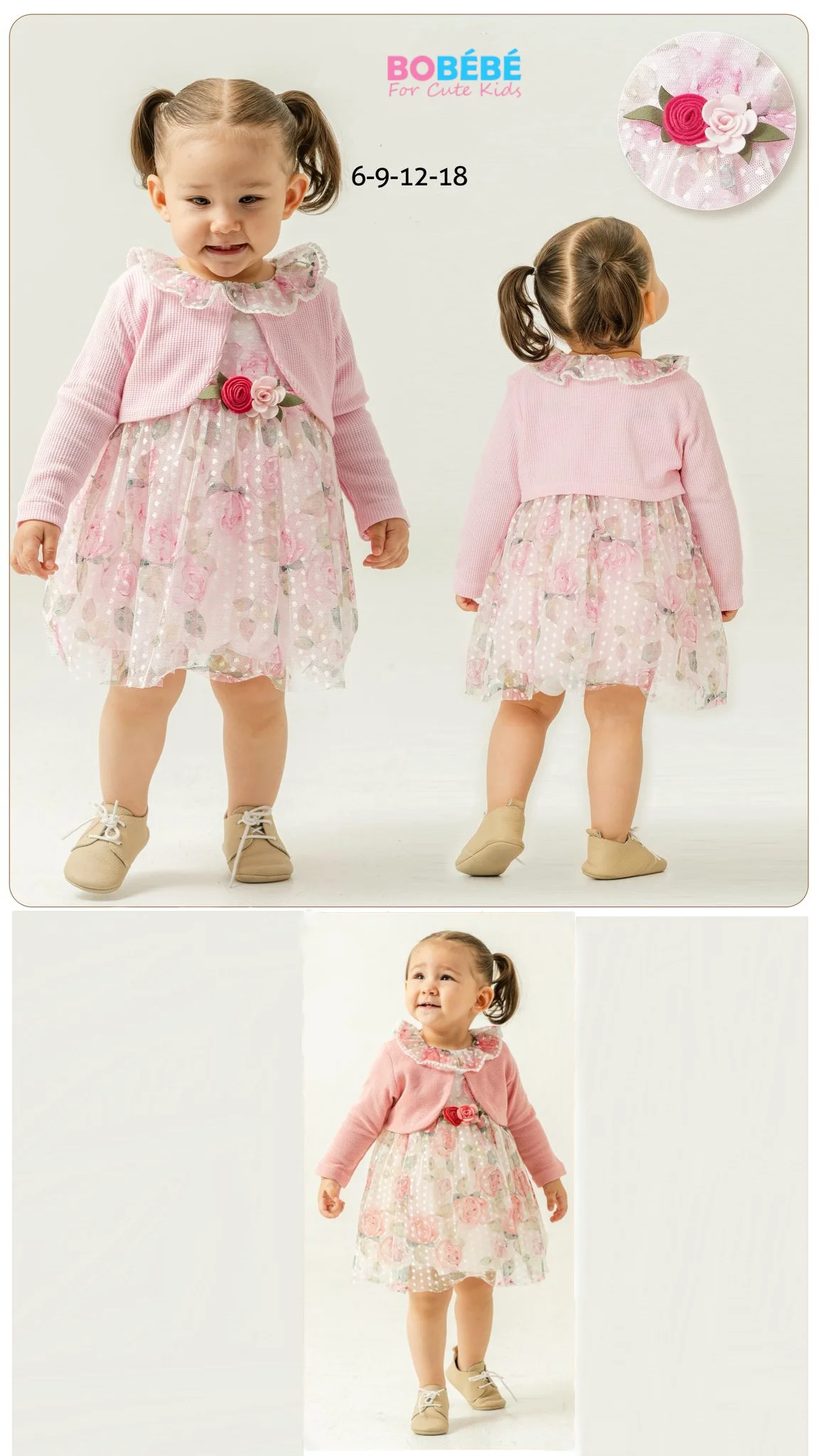 Robe Bébé Fille Fleurie avec Gilet Rose – Élégance & Douceur