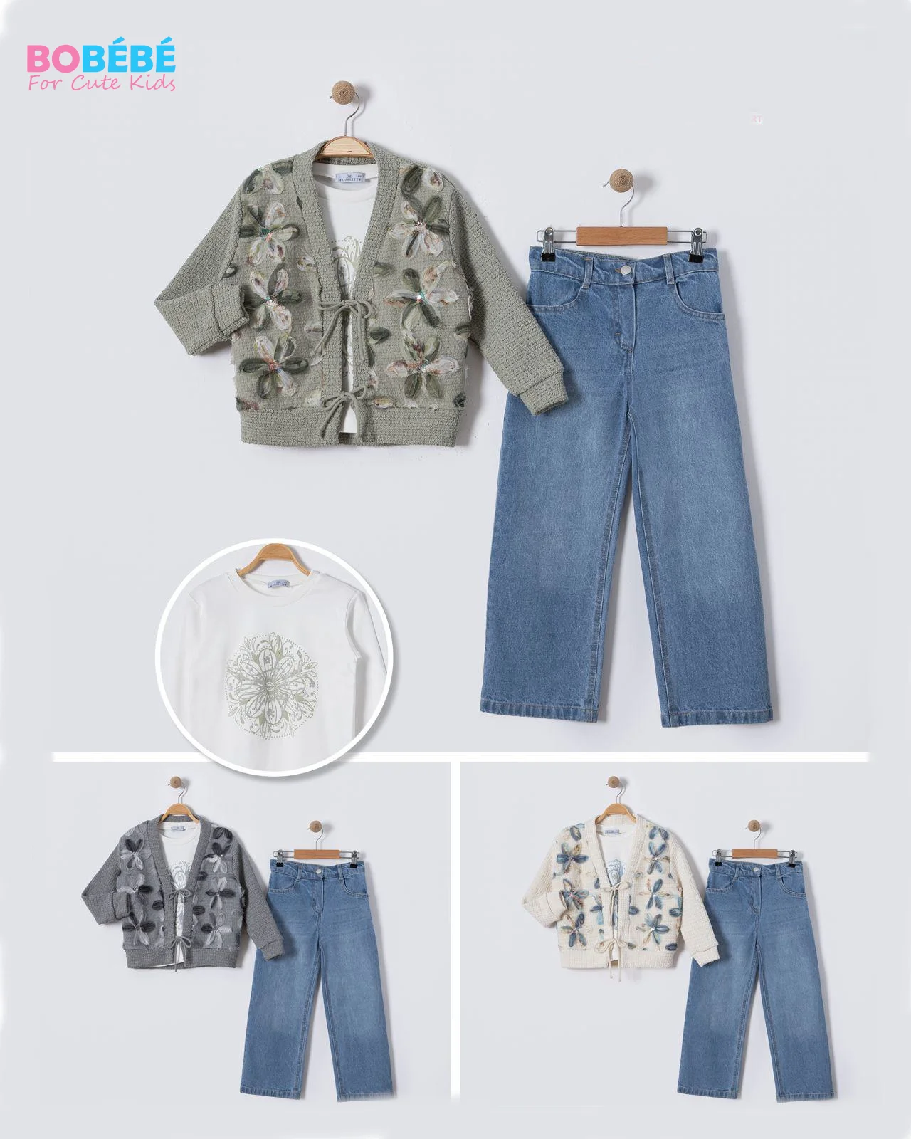 Ensemble Fille Élégant 3 Pièces – Cardigan Brodé & Jean | 6-9 ans