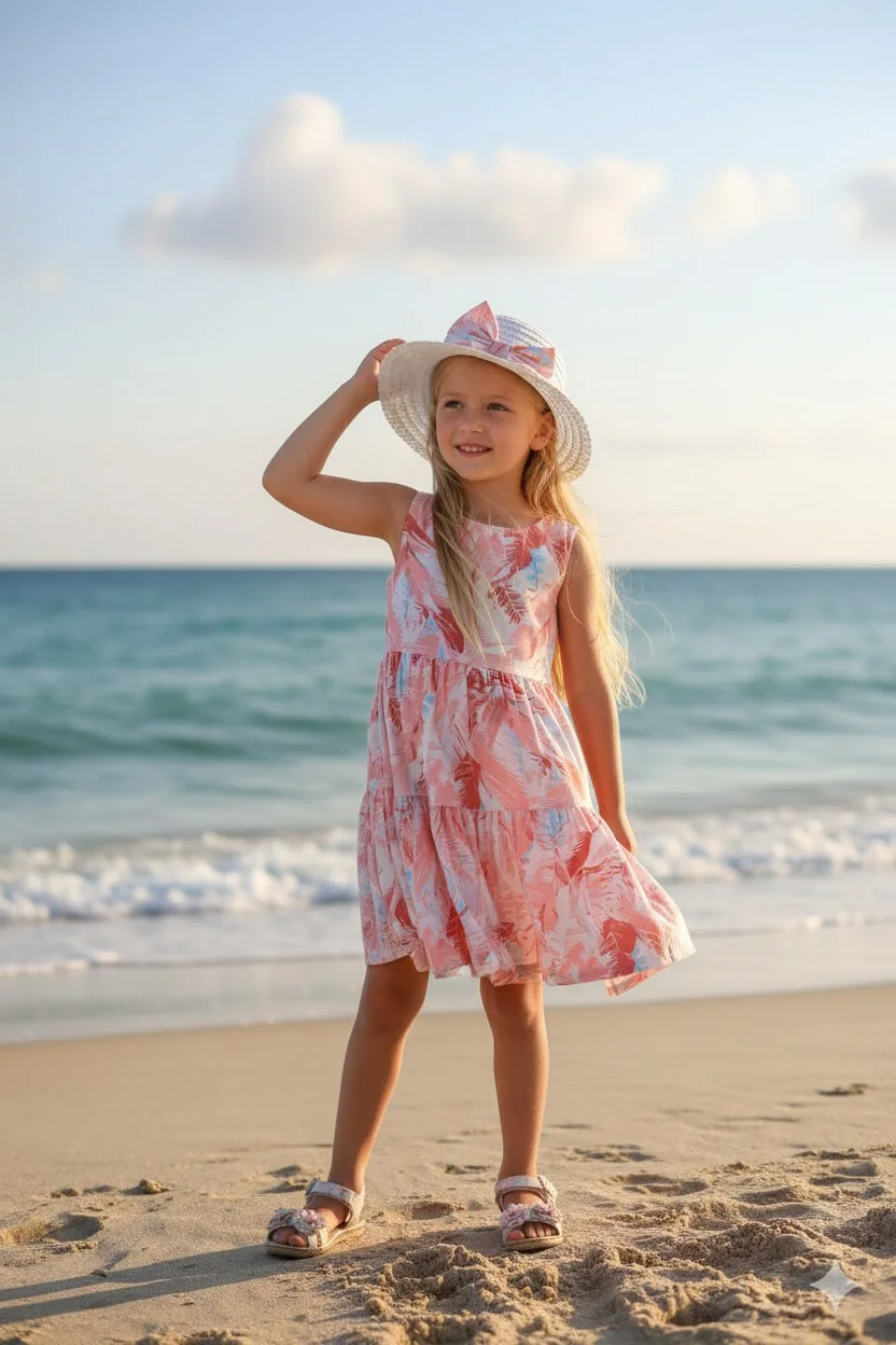 Robe fille 2-8 Ans imprimée feuillage avec grand nœud au dos