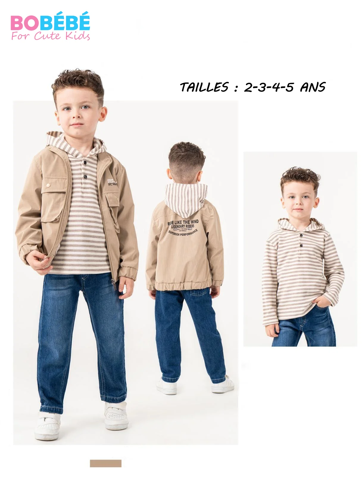 Ensemble Garçon 3 Pièces Casual Chic – Veste beige + Hoodie rayé + Jean
