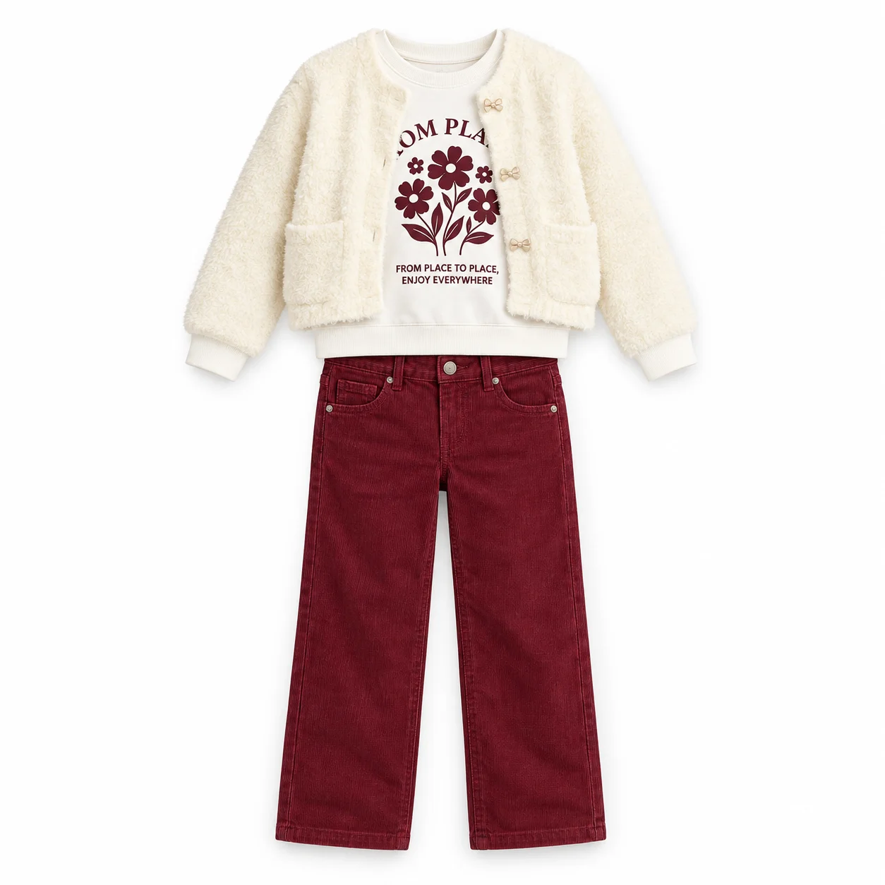 Ensemble Fille 2 à 5 Ans 3 Pièces Écru et Bordeaux avec Gilet et Pantalon Large 