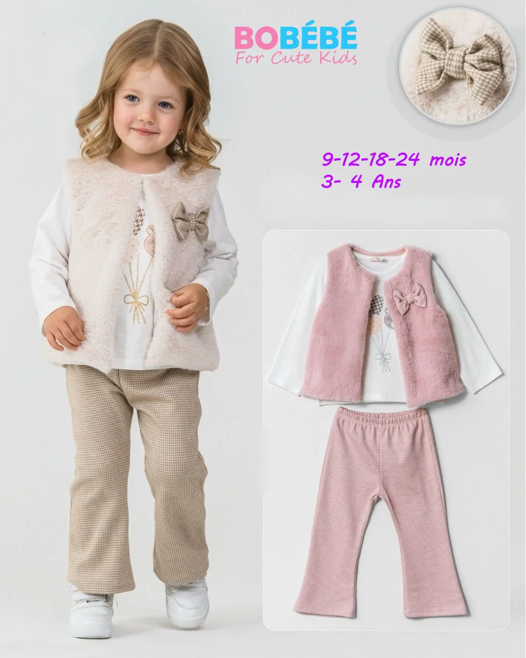 Ensemble Fille 3 Pièces – Gilet Doux, Haut Imprimé & Pantalon Motif Carreaux