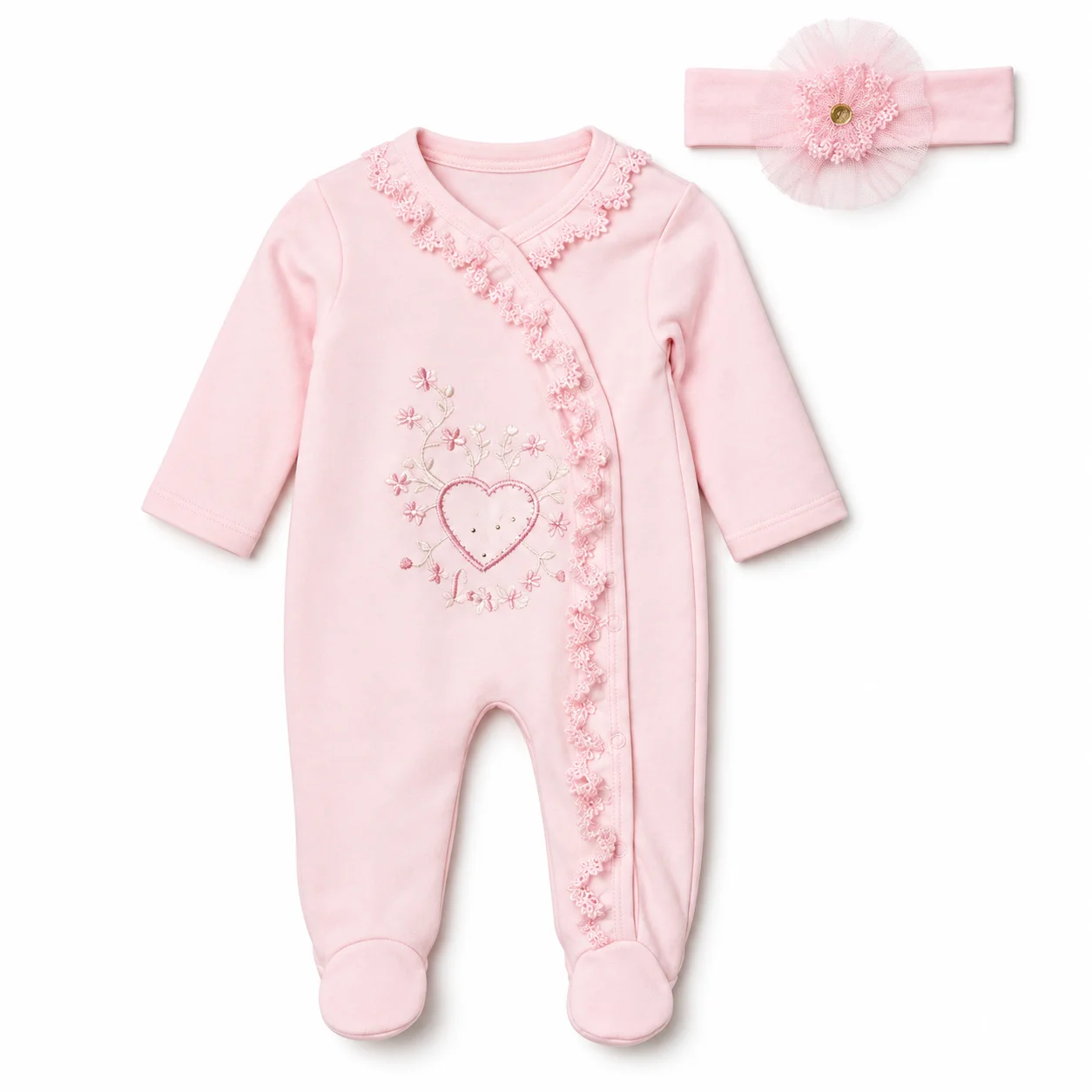 Grenouillère bébé fille rose — 2 pièces (grenouillère + bandeau) — fermeture croisée — détails dentelle