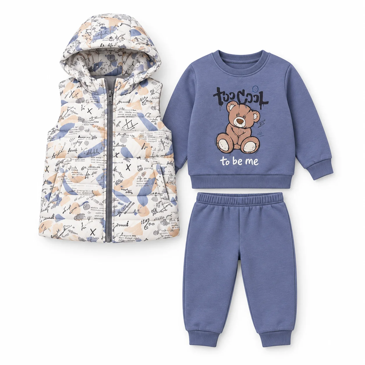 Ensemble Garçon 3 Pièces Sweat, Gilet Matelassé & Pantalon – Motif Ourson