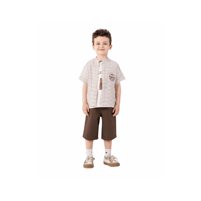 Ensemble garçon 2-10 Ans 3 pièces – Surchemise rayée + T-shirt + Bermuda