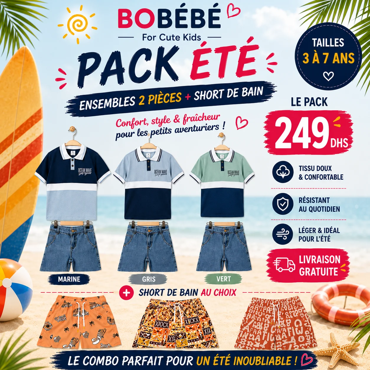 PACK 3-7 ANS ENSEMBLE DEUX PIECES + SHORT DE BAIN
