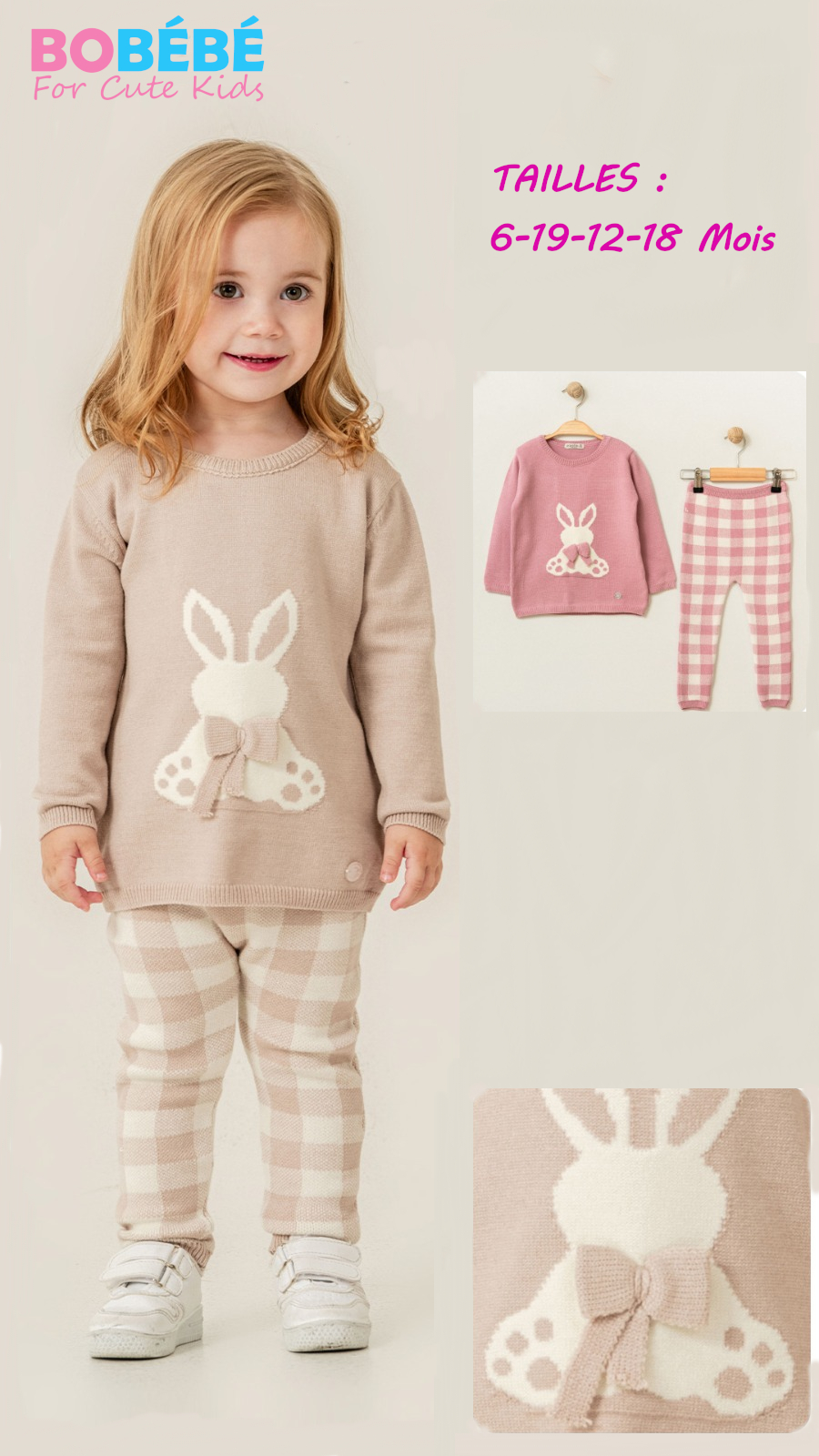 Ensemble Bébé Fille Pull Lapin & Pantalon à Carreaux