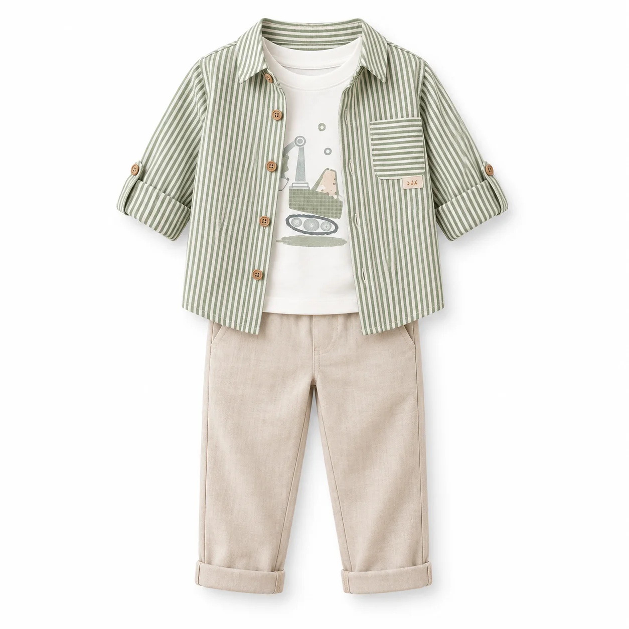 Ensemble 9-24 Mois Bébé Garçon – Chemise Rayée Vert & Pantalon Beige