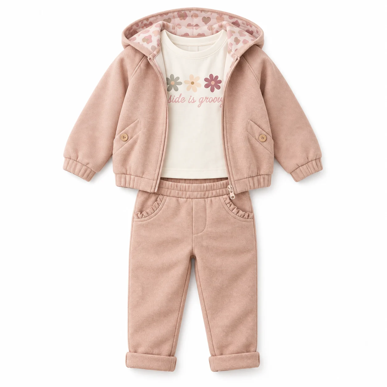 Ensemble Bébé Fille 9 à 24 Mois 3 Pièces Rose Poudré avec Veste à Capuche et Pantalon