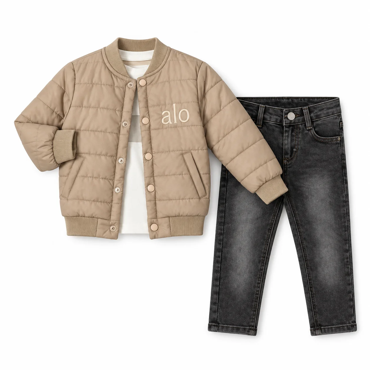Ensemble Garçon 3 Pièces Premium – Veste Matelassée Beige + Jean Gris