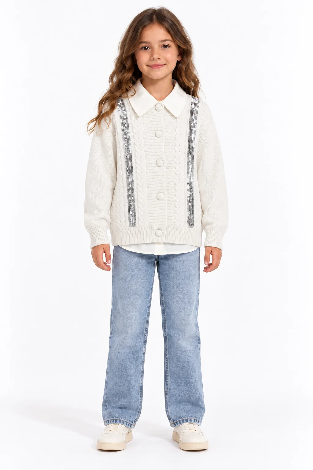 Ensemble Fille 3 Pièces 10 à 13 Ans avec Cardigan à Sequins, Chemise et Jean Large