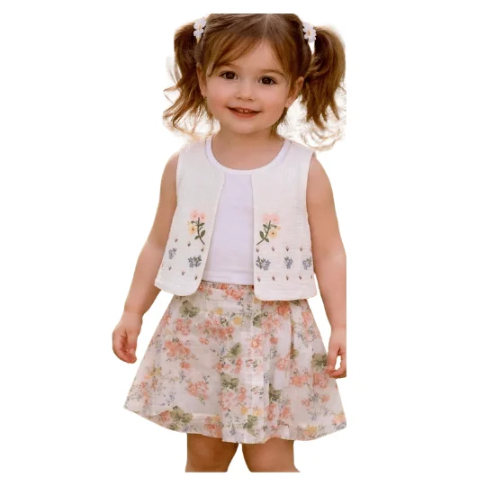 Ensemble 2-5 Ans Fille Fleuri – Jupe + Haut + Gilet Brodé