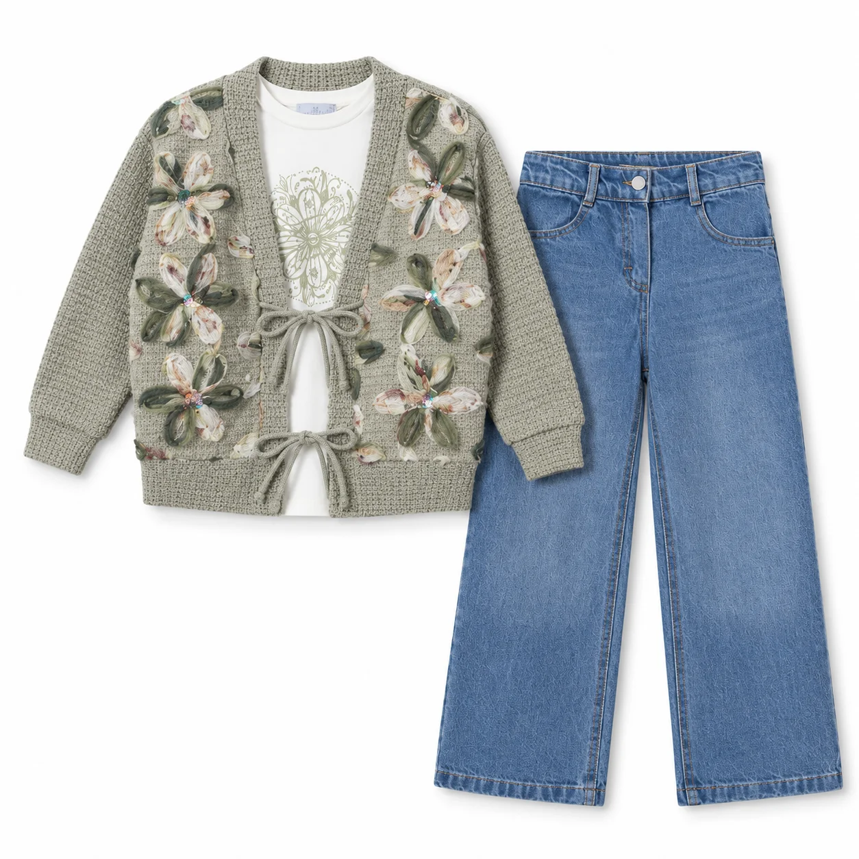 Ensemble Fille Élégant 3 Pièces – Cardigan Brodé & Jean | 6-9 ans