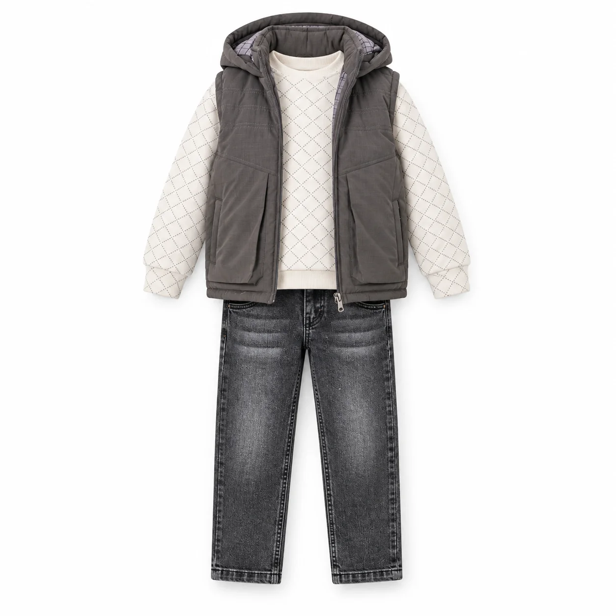 Ensemble Garçon 3 Pièces Premium – Gilet matelassé à capuche + Pull texturé + Pantalon