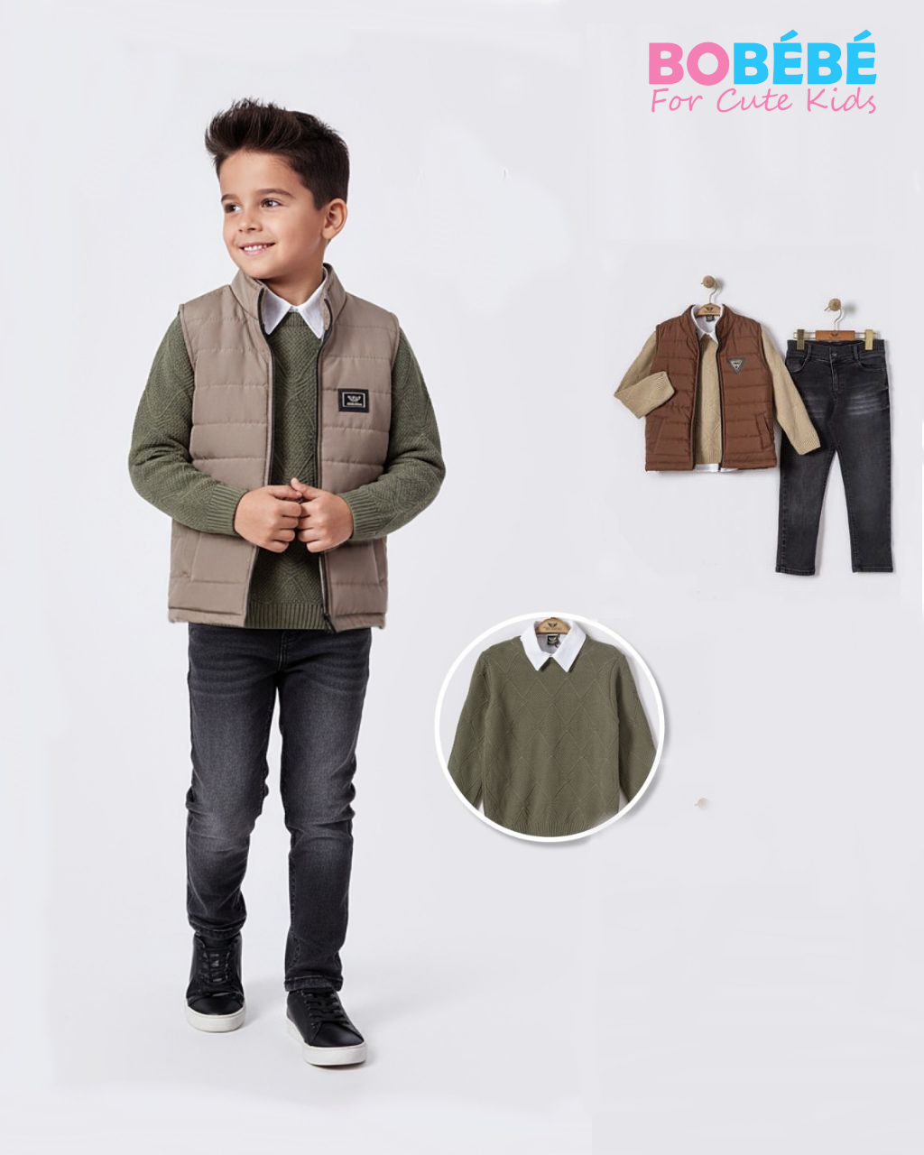 Ensemble garçon 4 pièces (Doudoune sans manches + Pull + Chemise + Jean)