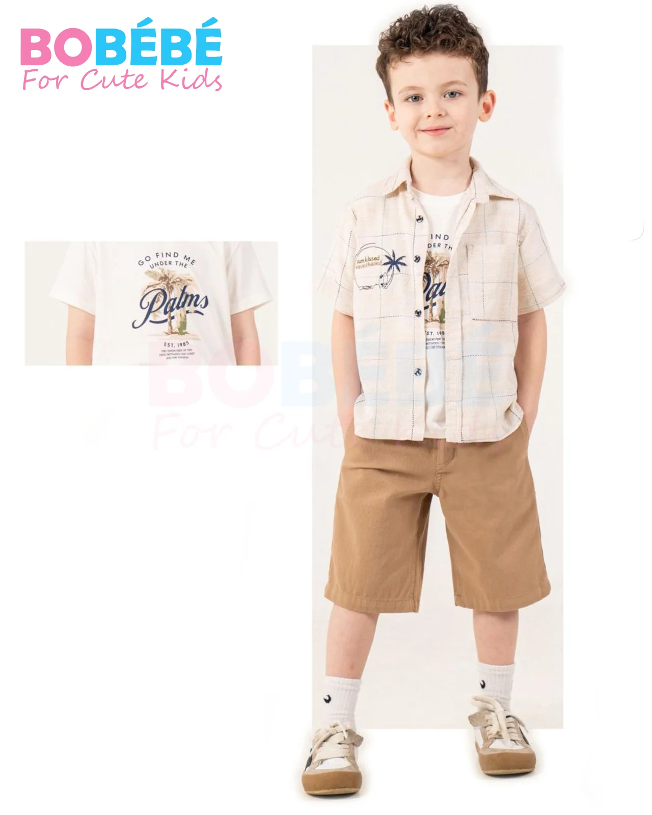 Ensemble Garçon 2-13 ANS Été 3 Pièces – Chemise à carreaux + T-shirt “Palms” + Bermuda camel