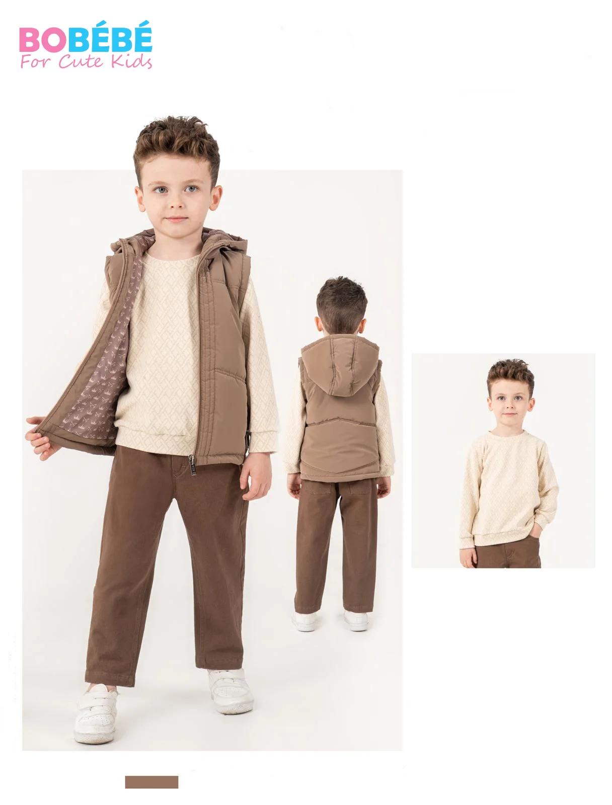 Ensemble Garçon 3 Pièces Casual Chic – Doudoune sans manches à capuche + Pull texturé + Pantalon