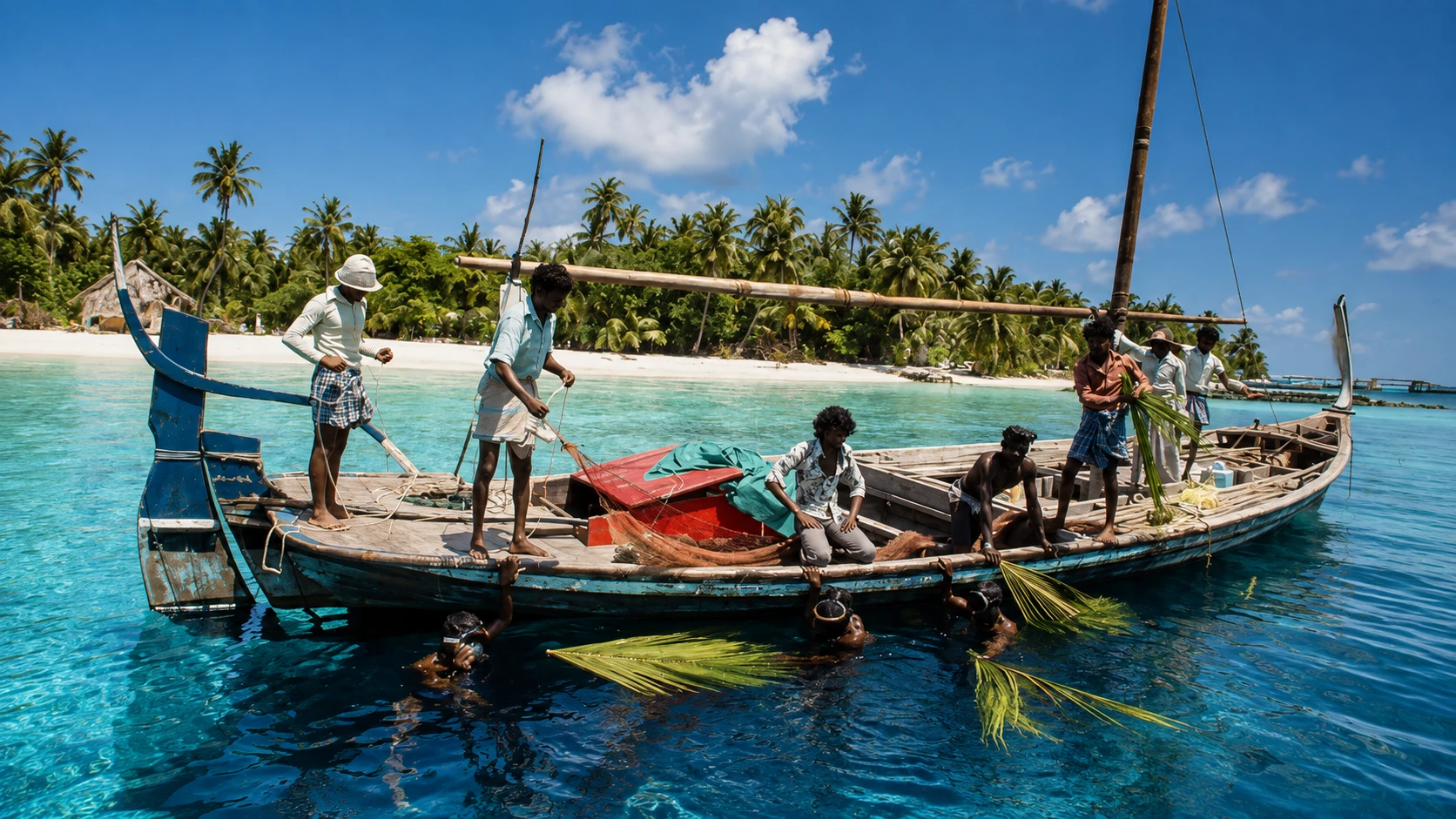 Men working aboard a traditional wooden boat near the shore, with others in the water nearby