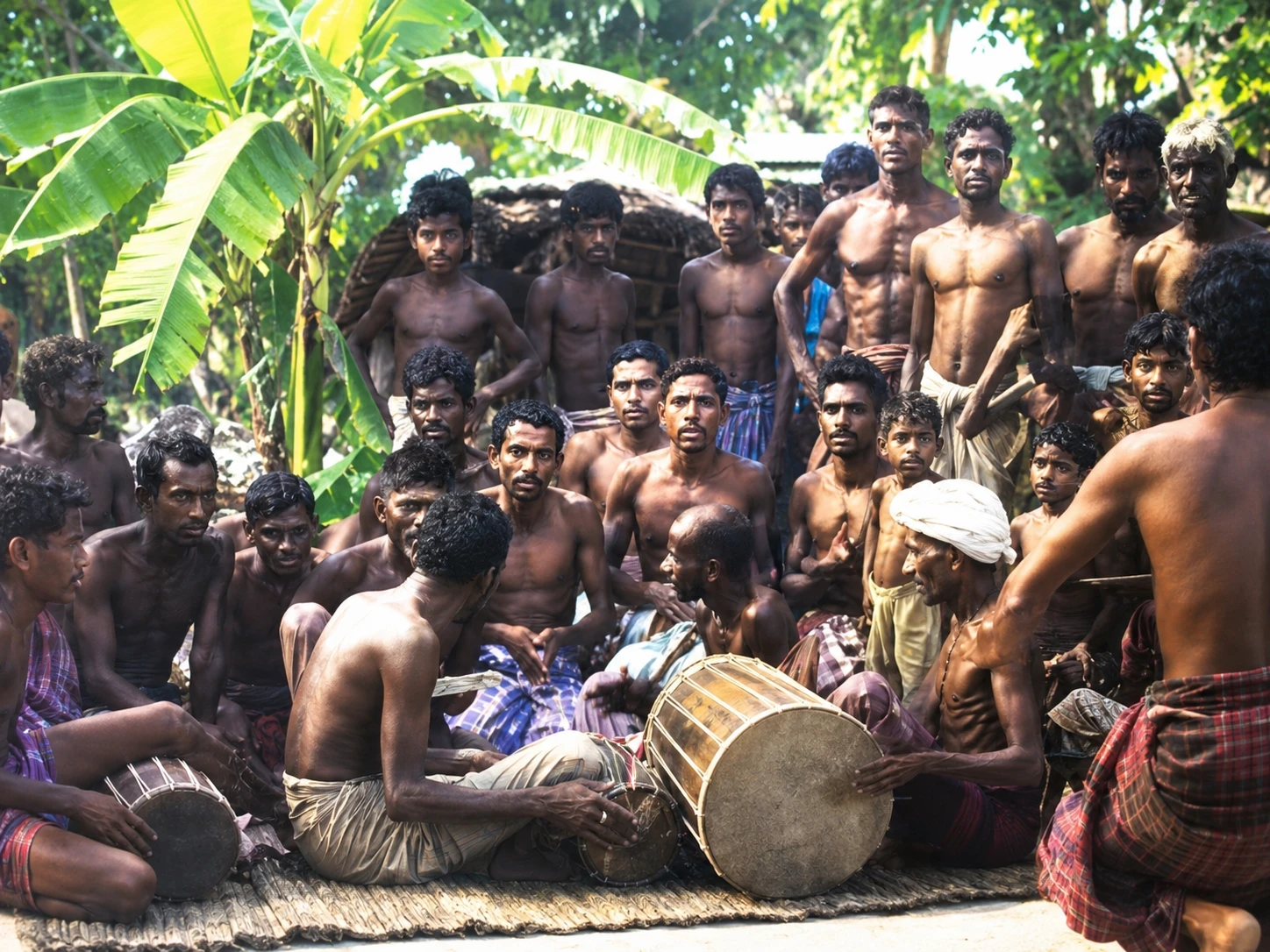 A large gathering of men, some playing traditional drums, seated and standing together outdoors