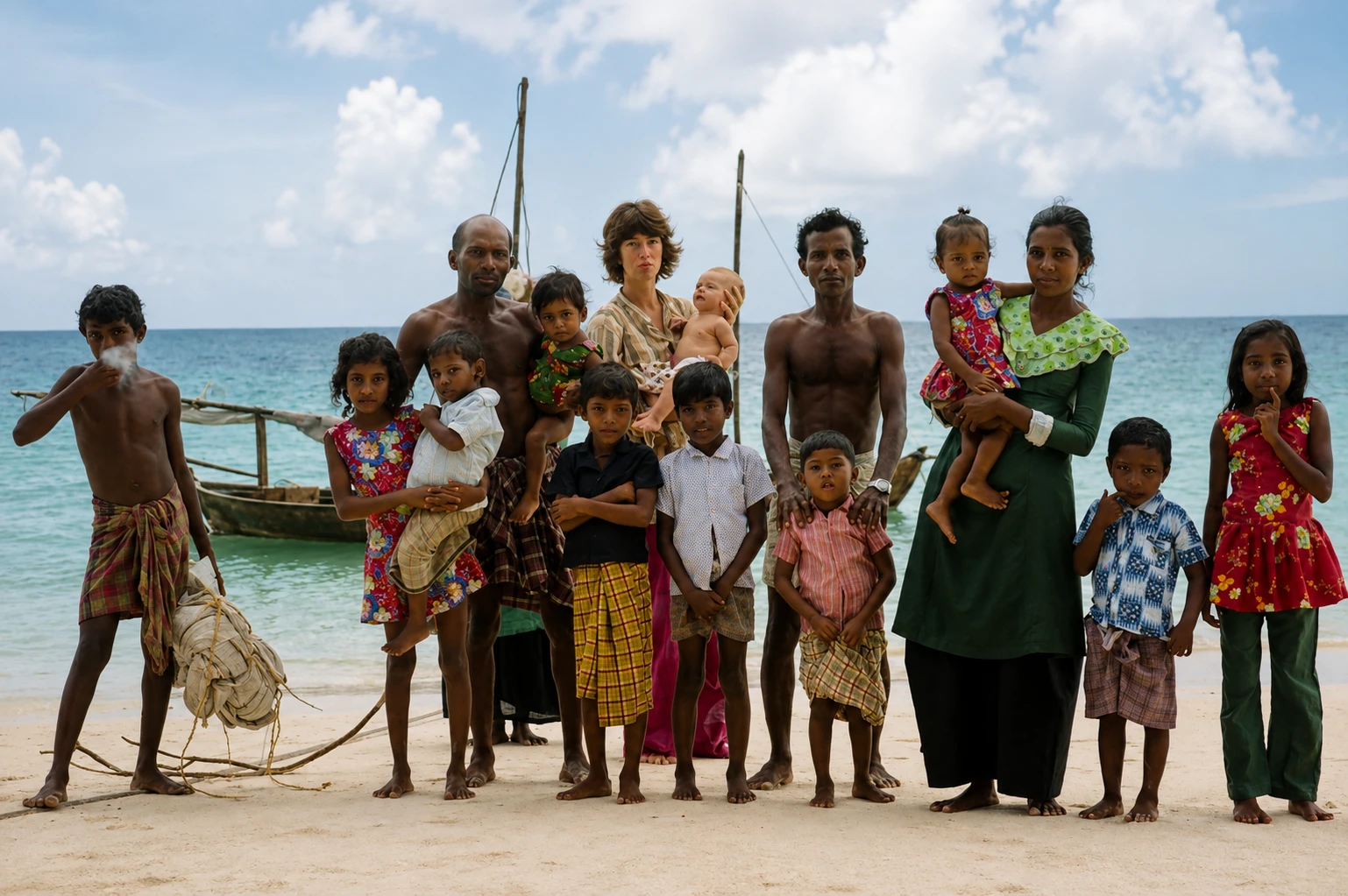 A large family and community group portrait on the beach, with a traditional boat in the background