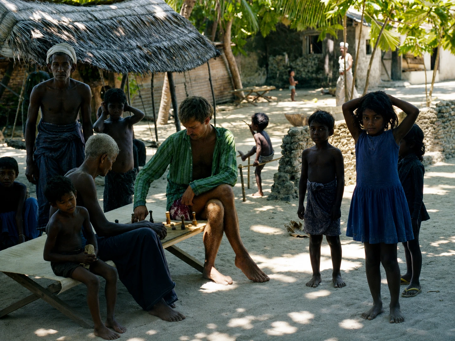 A village scene of a visitor playing a board game with a local elder, surrounded by community members and children