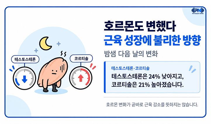 호르몬도 변했다 근육 성장에 불리한 방향 밤샘 다음 날의 변화 테스토스테론은 24% 낮아지고, 코르티솔은 21% 높아졌습니다.