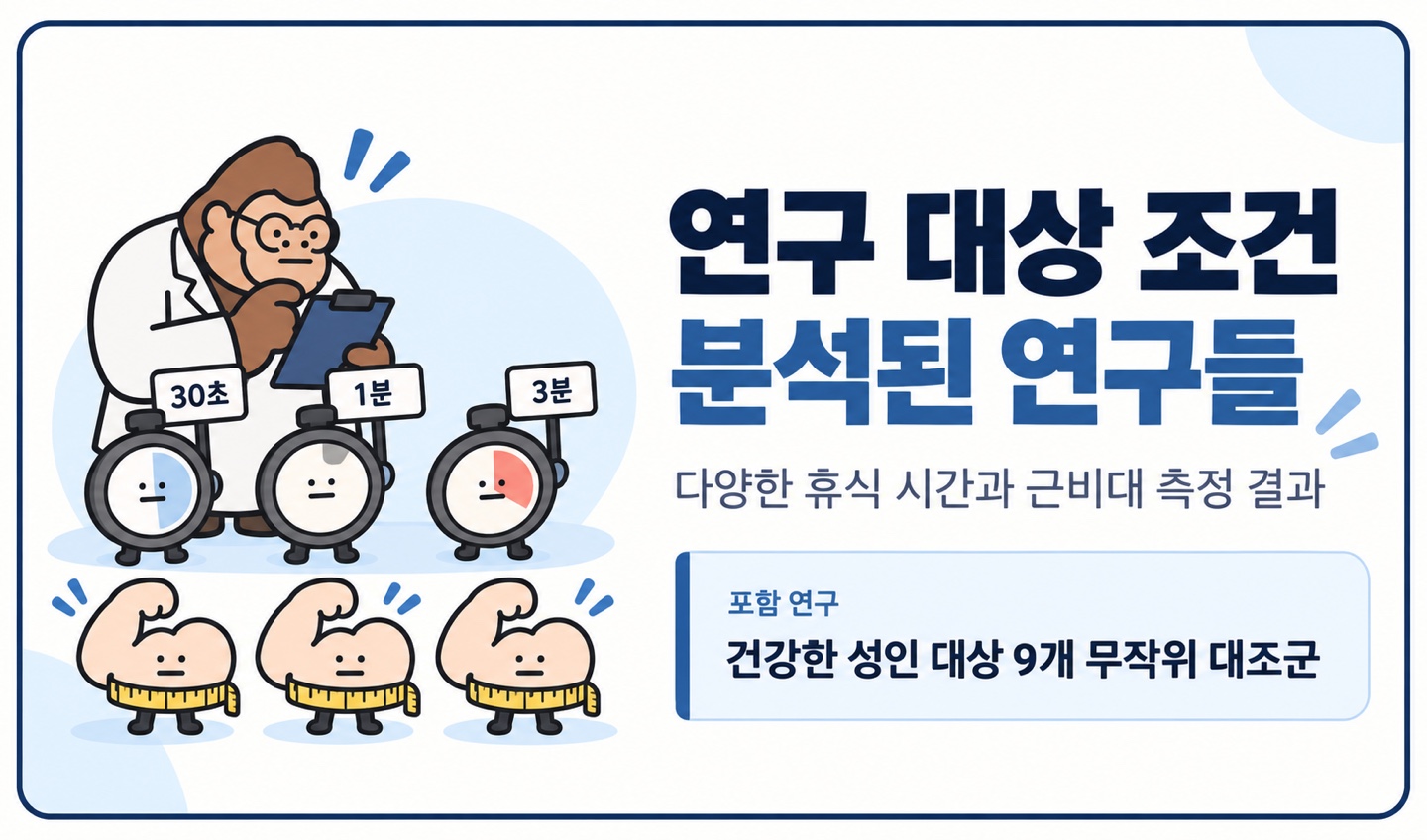 연구 대상 조건 분석된 연구들 다양한 휴식 시간과 근비대 측정 결과 건강한 성인 대상 9개 무작위 대조군
