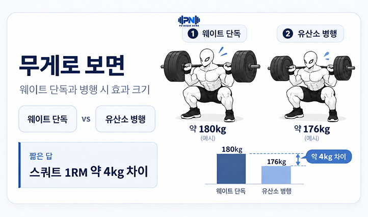 무게로 보면 웨이트 단독과 병행 시 효과 크기 스쿼트 1RM 약 4kg 차이