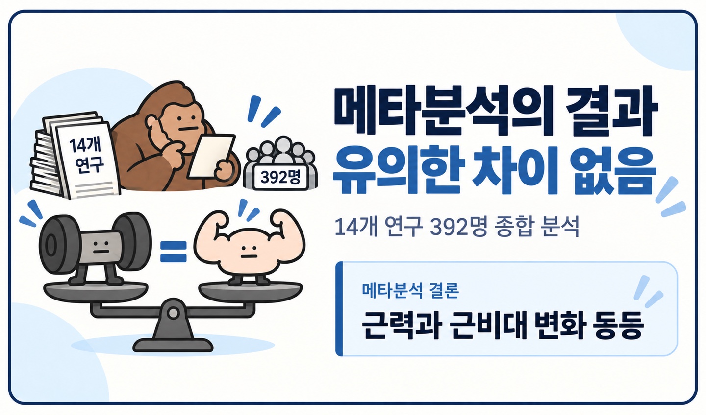 메타분석의 결과 유의한 차이 없음 14개 연구 392명 종합 분석 근력과 근비대 변화 동등