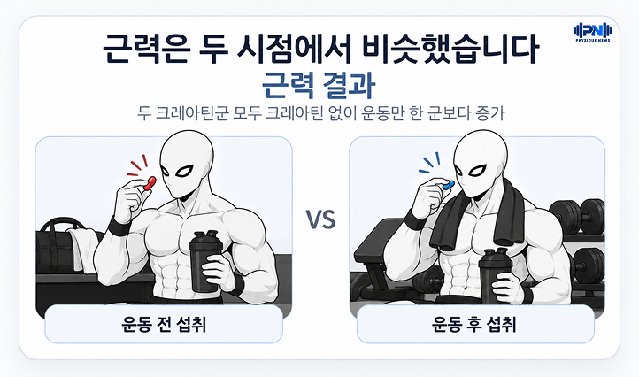 근력은 두 시점에서 비슷했습니다 근력 결과 두 크레아틴군 모두 크레아틴 없이 운동만 한 군보다 증가
