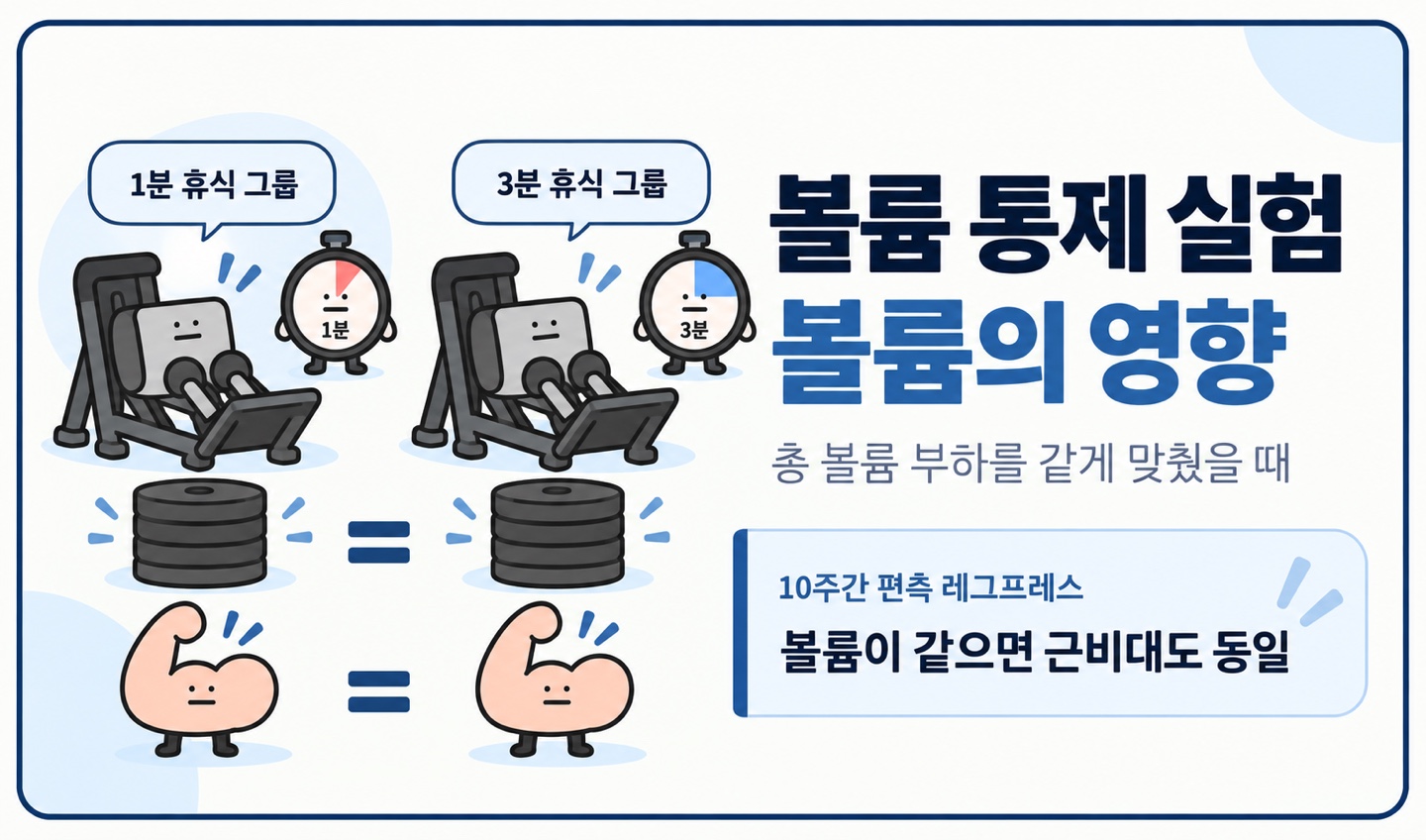 볼륨 통제 실험 볼륨의 영향 총 볼륨 부하를 같게 맞췄을 때 볼륨이 같으면 근비대도 동일