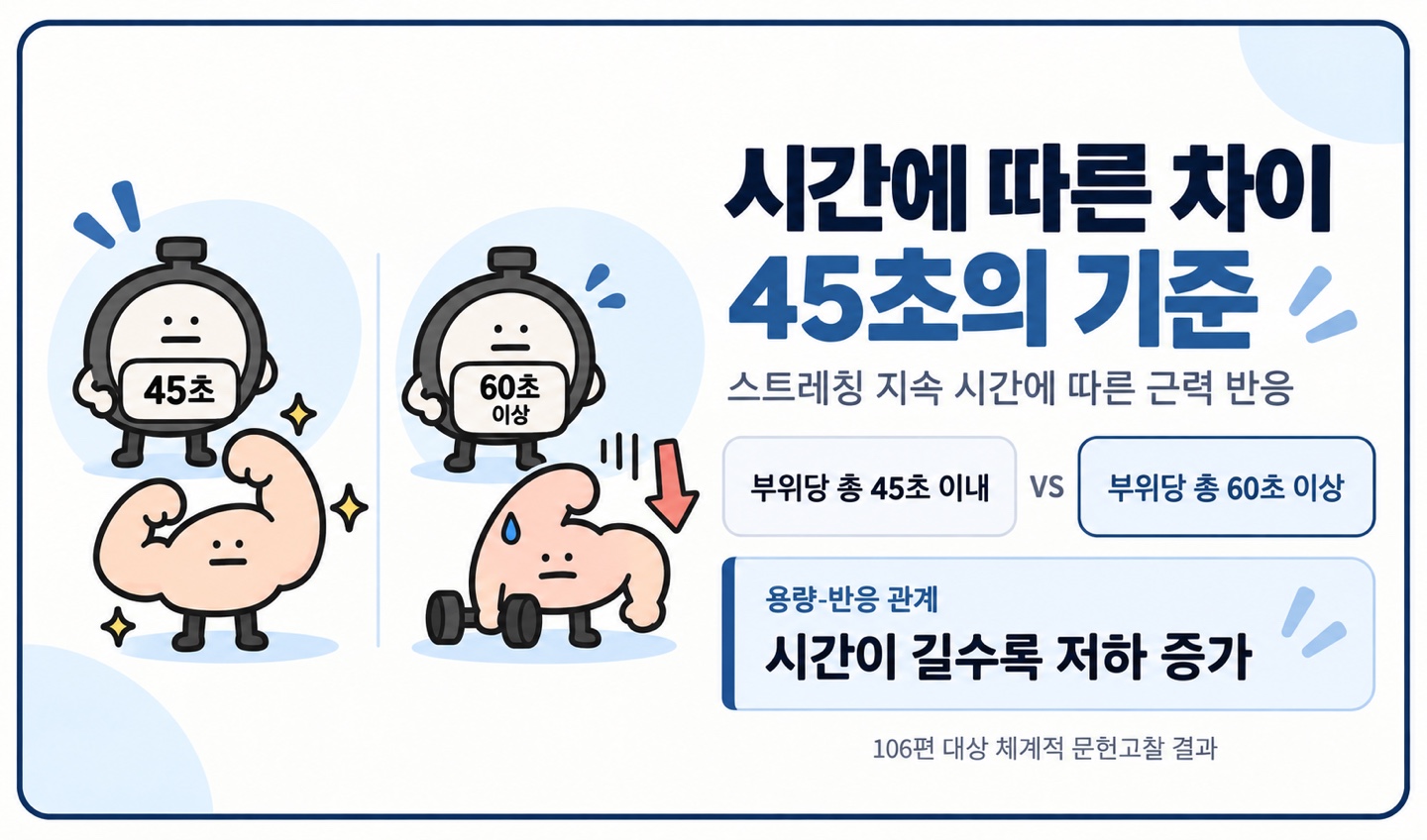 시간에 따른 차이 45초의 기준 스트레칭 지속 시간에 따른 근력 반응 시간이 길수록 저하 증가