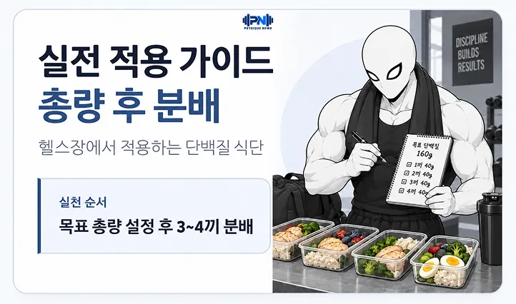 실전 적용 가이드 총량 후 분배 헬스장에서 적용하는 단백질 식단 목표 총량 설정 후 3~4끼 분배
