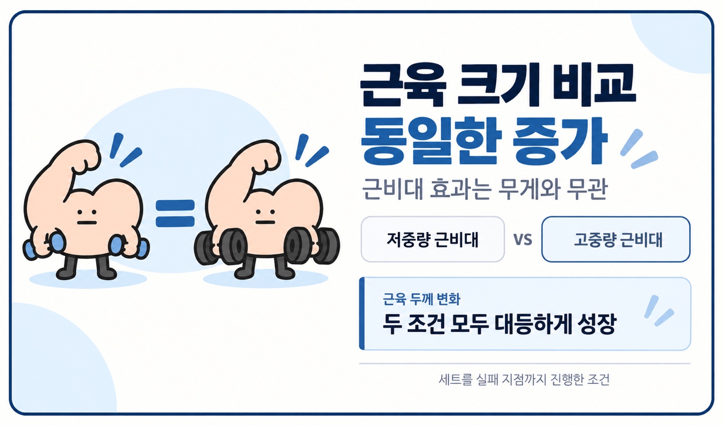 근육 크기 비교 동일한 증가 근비대 효과는 무게와 무관 두 조건 모두 대등하게 성장