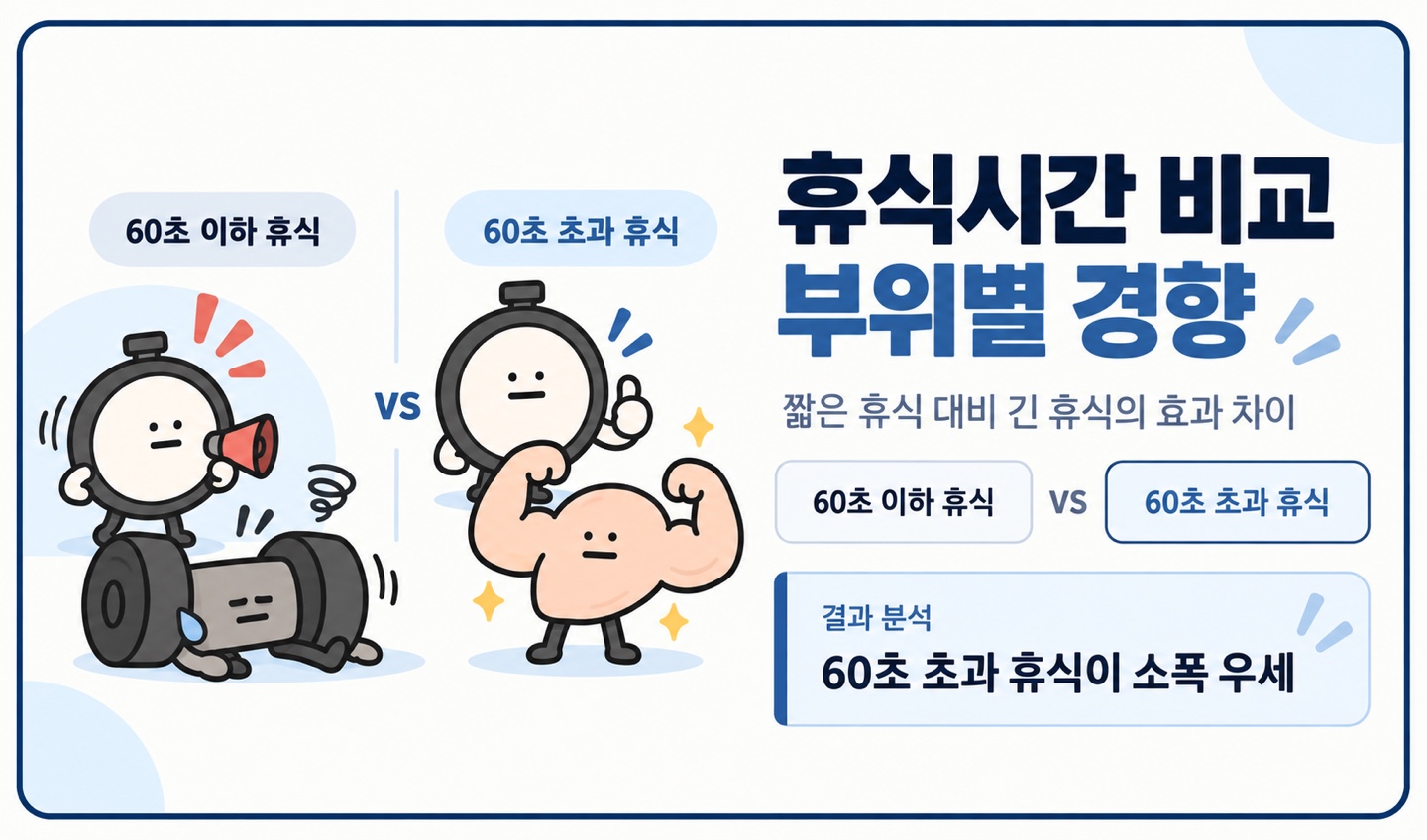 휴식시간 비교 부위별 경향 짧은 휴식 대비 긴 휴식의 효과 차이 60초 초과 휴식이 소폭 우세