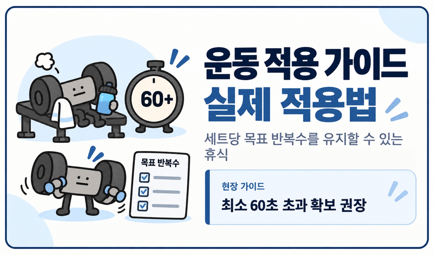 운동 적용 가이드 실제 적용법 세트당 목표 반복수를 유지할 수 있는 휴식 최소 60초 초과 확보 권장