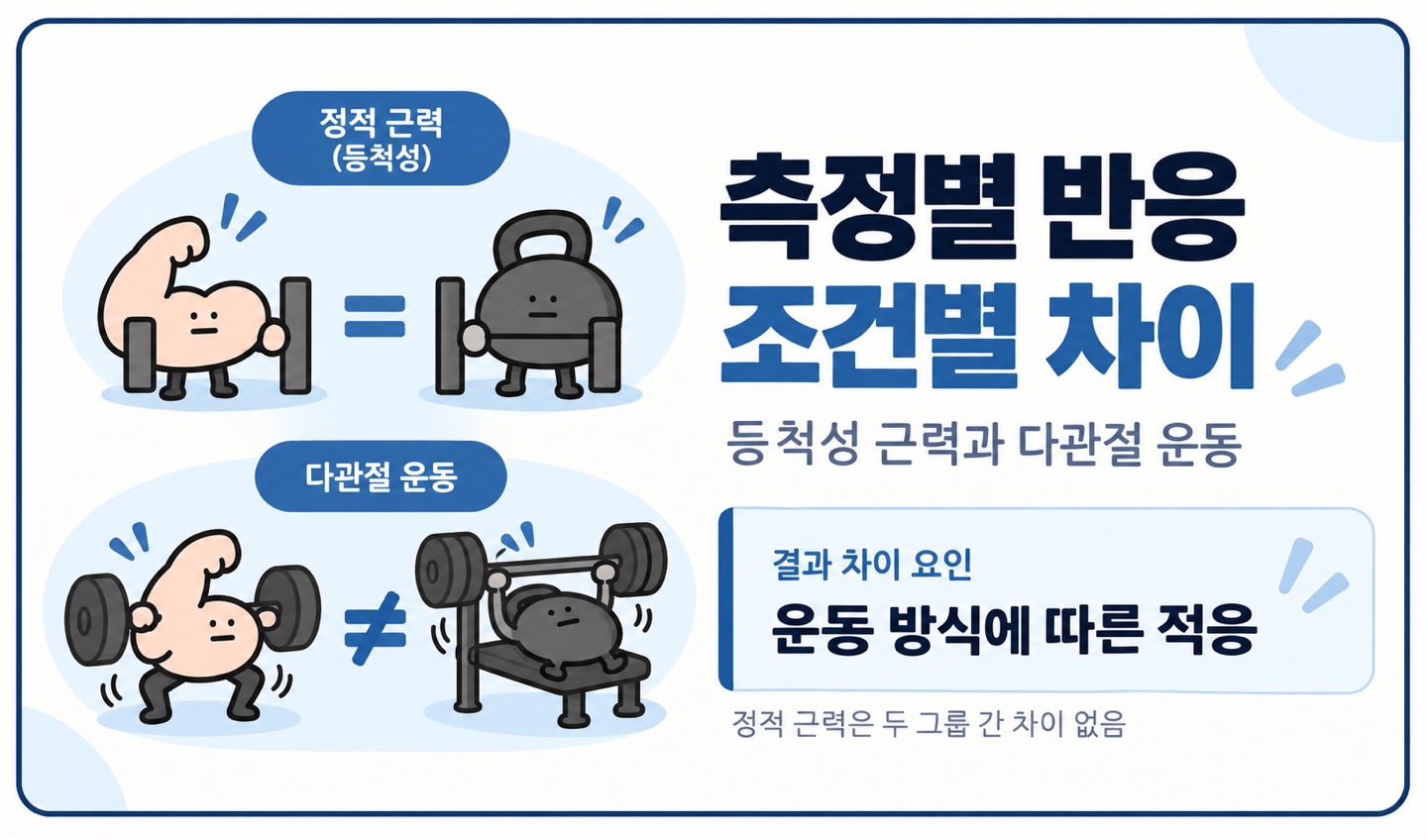 측정별 반응 조건별 차이 등척성 근력과 다관절 운동 운동 방식에 따른 적응
