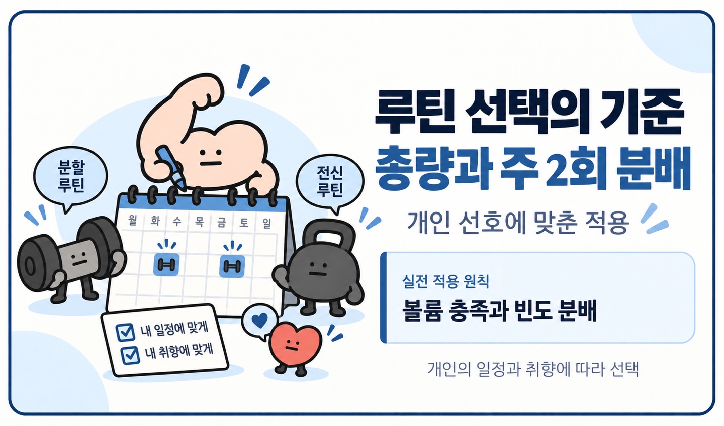 루틴 선택의 기준 총량과 주 2회 분배 개인 선호에 맞춘 적용 볼륨 충족과 빈도 분배
