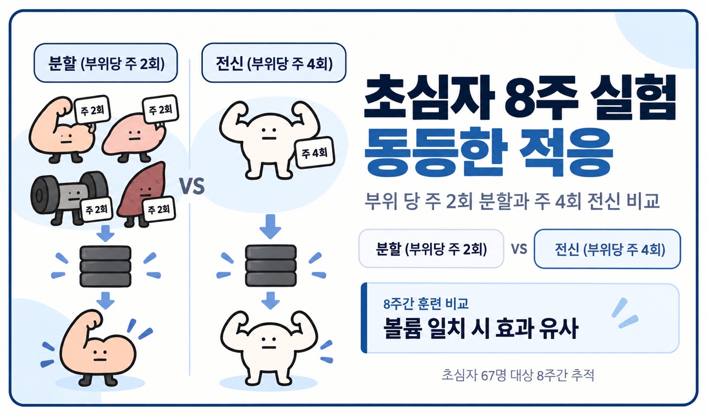 초심자 8주 실험 동등한 적응 부위당 주 2회 분할과 주 4회 전신 비교 볼륨 일치 시 효과 유사
