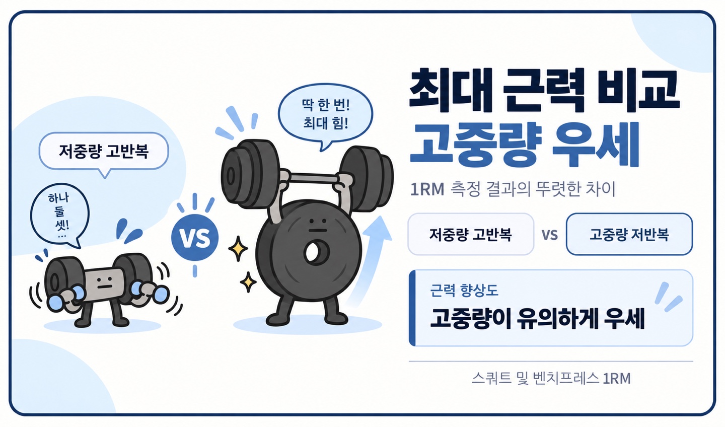 최대 근력 비교 고중량 우세 1RM 측정 결과의 뚜렷한 차이 고중량이 유의하게 우세
