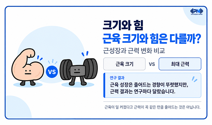 크기와 힘 근육 크기와 힘은 다를까? 근성장과 근력 변화 비교 근육 성장은 줄어드는 경향이 뚜렷했지만, 근력 결과는 연구마다 달랐습니다.