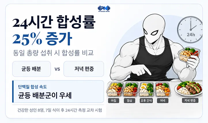 24시간 합성률 25% 증가 동일 총량 섭취 시 합성률 비교 균등 배분군이 우세