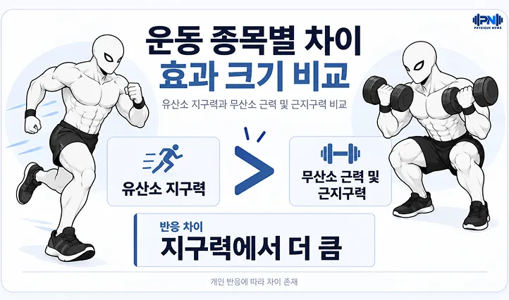 운동 종목별 차이 효과 크기 비교 유산소 지구력과 무산소 파워의 차이 지구력에서 더 큼